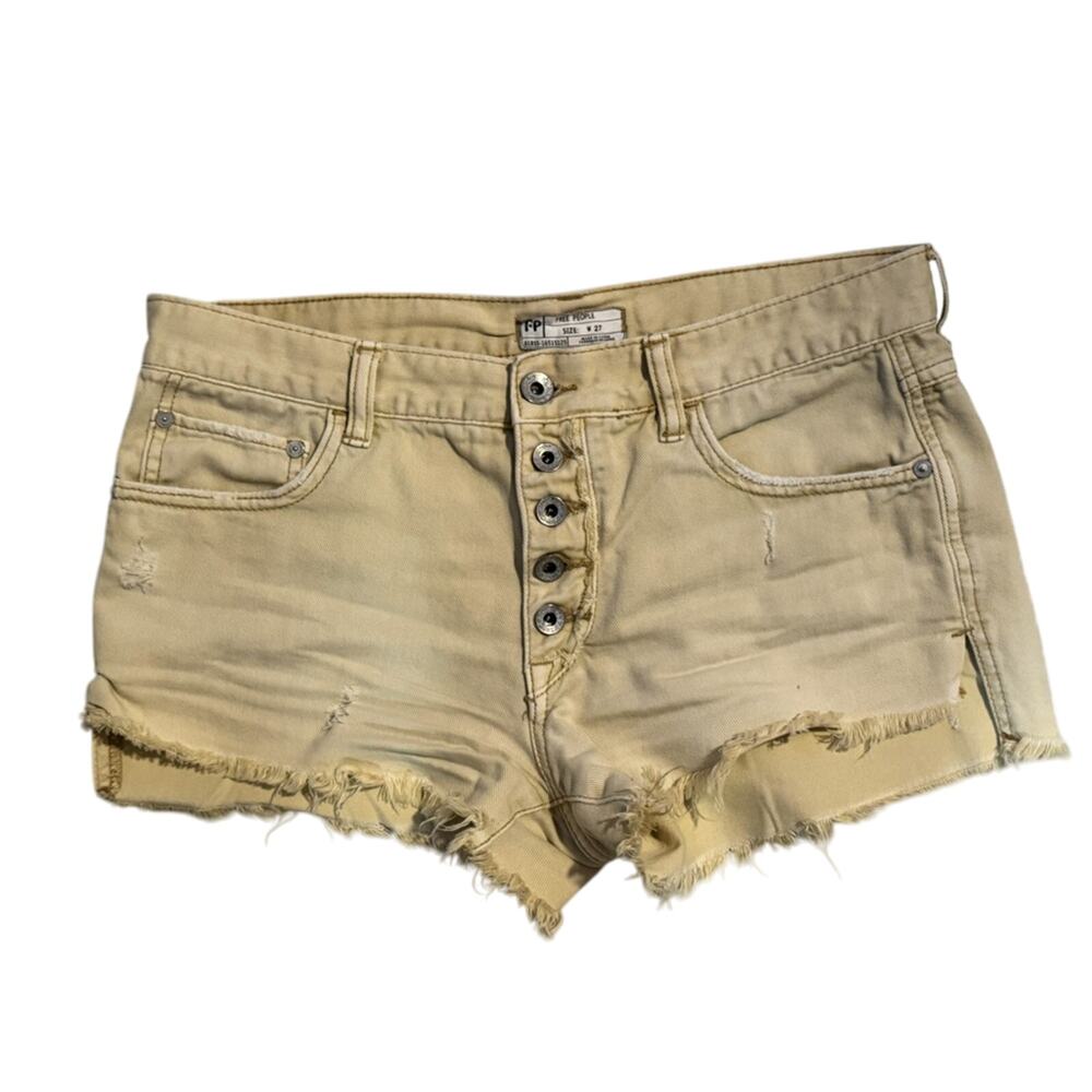 Free People Button Fly Denim Cut Off Raw Hem Shorts Sz 27 Boho Pale Yellow